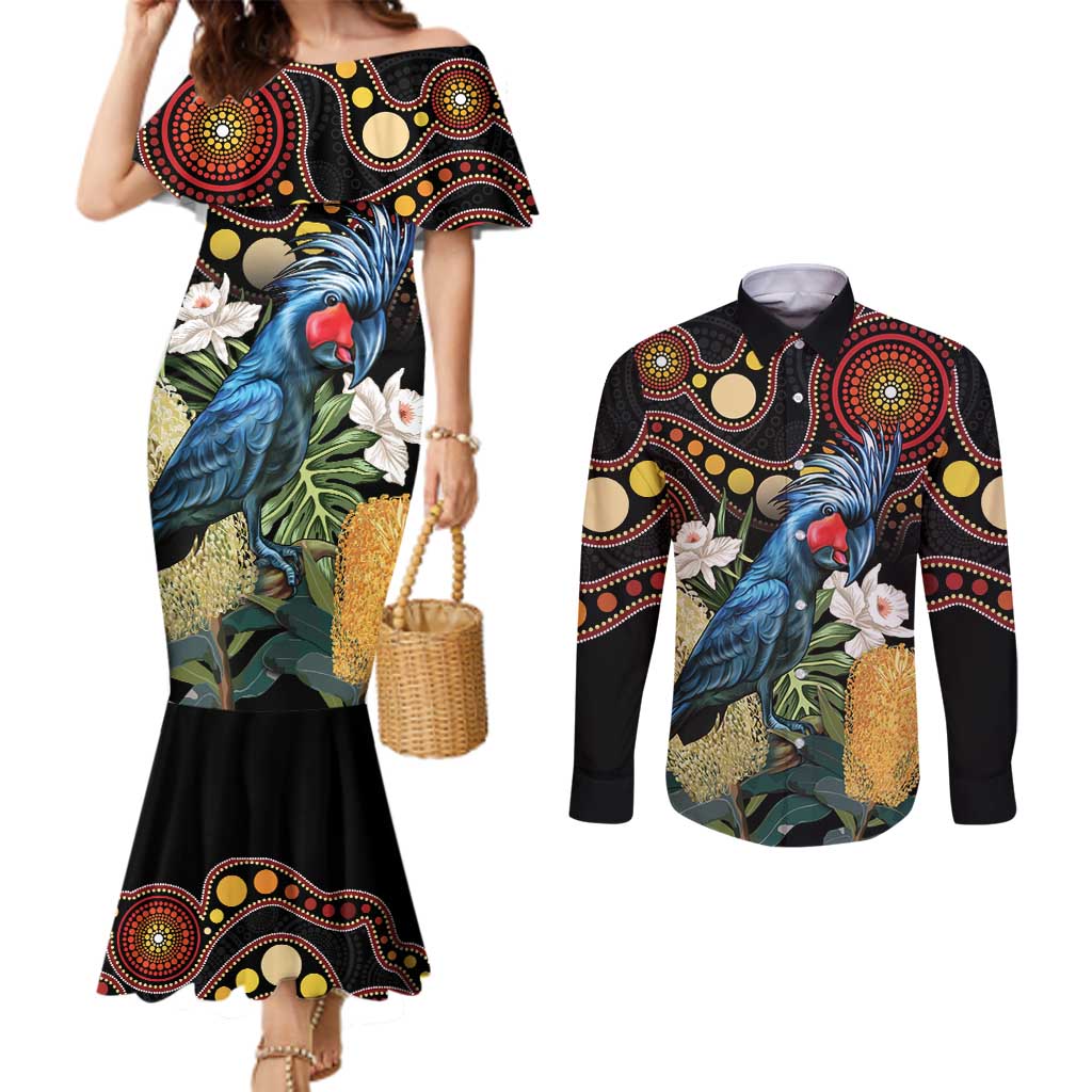 Australia Palm Cockatoo Couples Matching Mermaid Dress and Long Sleeve Button Shirt Aussie Banksia - Aboriginal Pattern