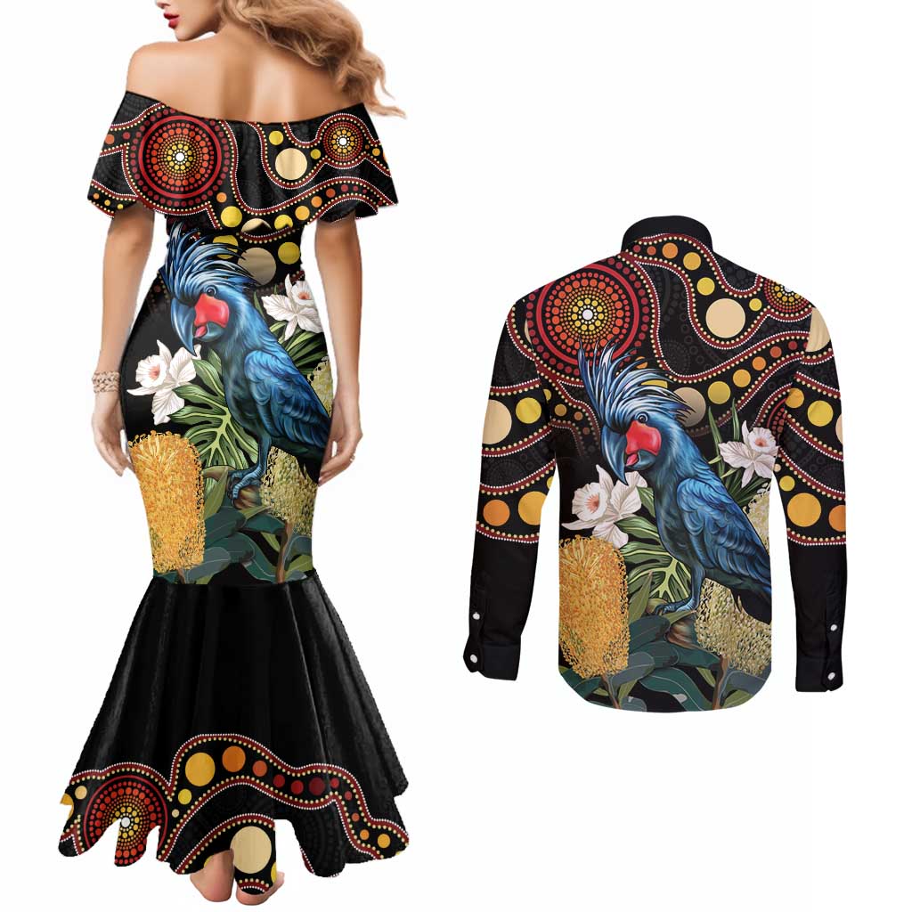 Australia Palm Cockatoo Couples Matching Mermaid Dress and Long Sleeve Button Shirt Aussie Banksia - Aboriginal Pattern