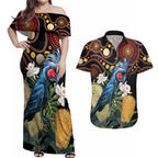 Australia Palm Cockatoo Couples Matching Off Shoulder Maxi Dress and Hawaiian Shirt Aussie Banksia - Aboriginal Pattern