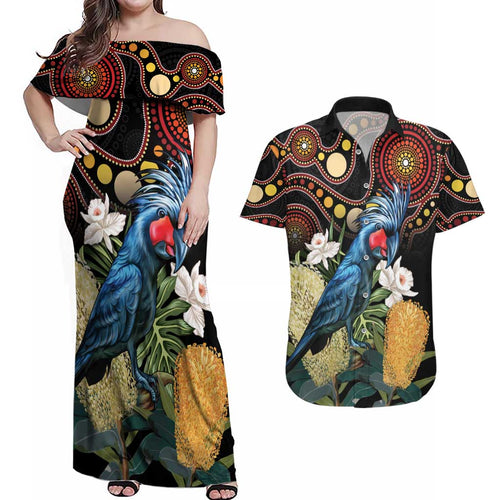 Australia Palm Cockatoo Couples Matching Off Shoulder Maxi Dress and Hawaiian Shirt Aussie Banksia - Aboriginal Pattern
