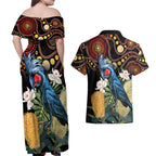 Australia Palm Cockatoo Couples Matching Off Shoulder Maxi Dress and Hawaiian Shirt Aussie Banksia - Aboriginal Pattern