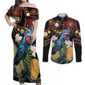 Australia Palm Cockatoo Couples Matching Off Shoulder Maxi Dress and Long Sleeve Button Shirt Aussie Banksia - Aboriginal Pattern