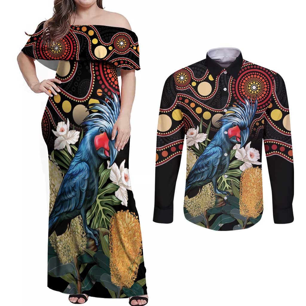 Australia Palm Cockatoo Couples Matching Off Shoulder Maxi Dress and Long Sleeve Button Shirt Aussie Banksia - Aboriginal Pattern