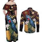 Australia Palm Cockatoo Couples Matching Off Shoulder Maxi Dress and Long Sleeve Button Shirt Aussie Banksia - Aboriginal Pattern
