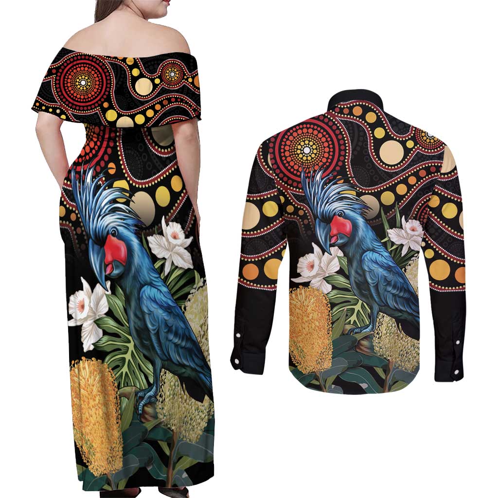 Australia Palm Cockatoo Couples Matching Off Shoulder Maxi Dress and Long Sleeve Button Shirt Aussie Banksia - Aboriginal Pattern
