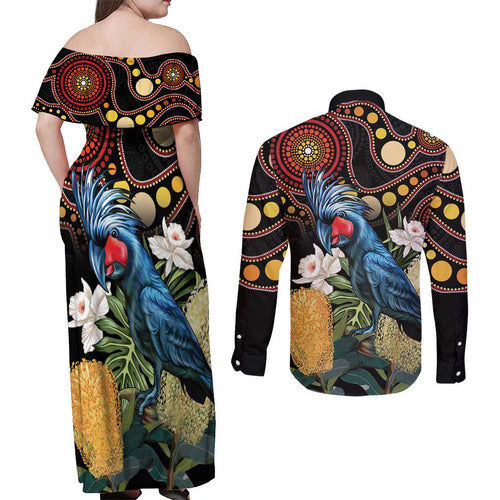 Australia Palm Cockatoo Couples Matching Off Shoulder Maxi Dress and Long Sleeve Button Shirt Aussie Banksia - Aboriginal Pattern