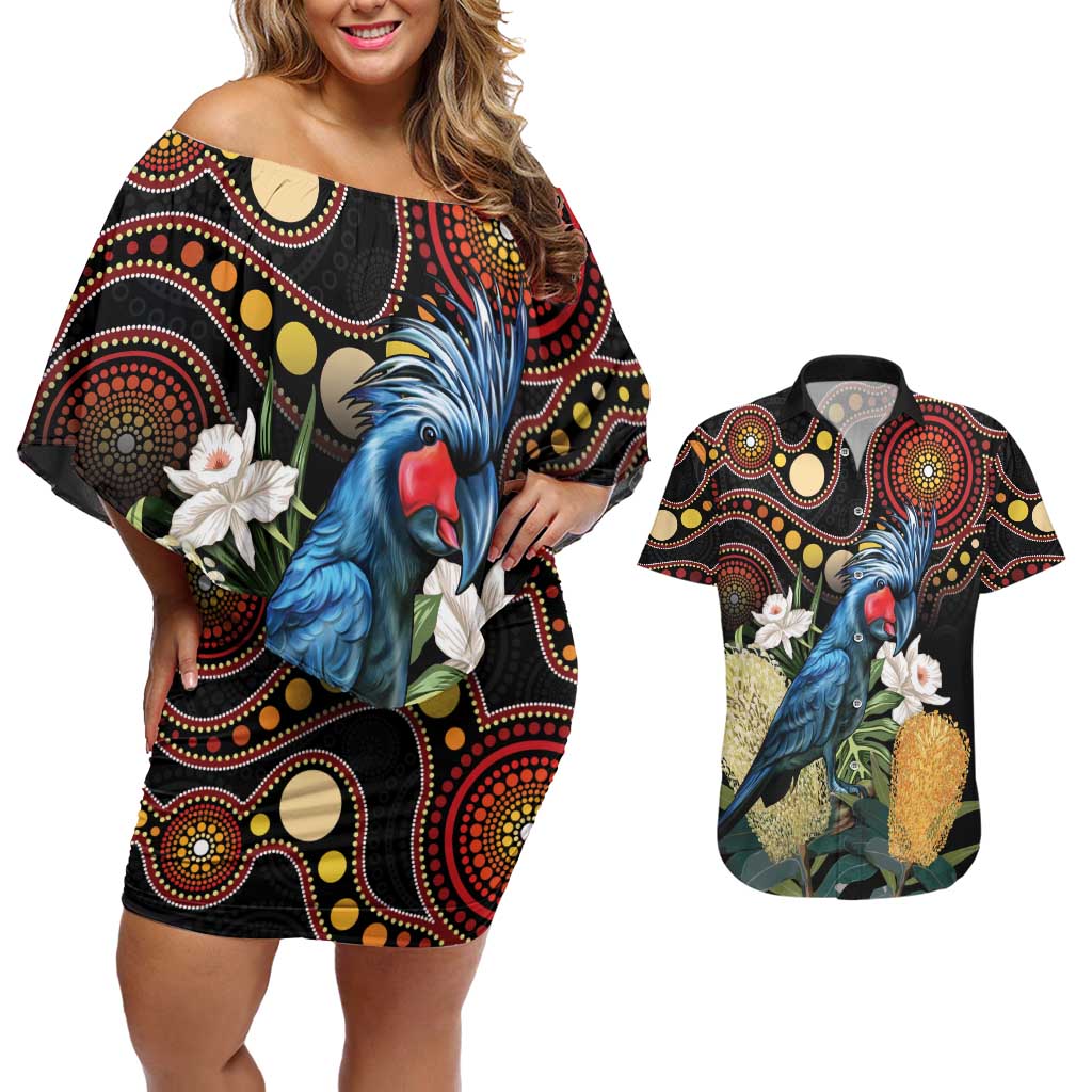 Australia Palm Cockatoo Couples Matching Off Shoulder Short Dress and Hawaiian Shirt Aussie Banksia - Aboriginal Pattern
