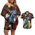 Australia Palm Cockatoo Couples Matching Off Shoulder Short Dress and Hawaiian Shirt Aussie Banksia - Aboriginal Pattern