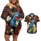 Australia Palm Cockatoo Couples Matching Off Shoulder Short Dress and Hawaiian Shirt Aussie Banksia - Aboriginal Pattern