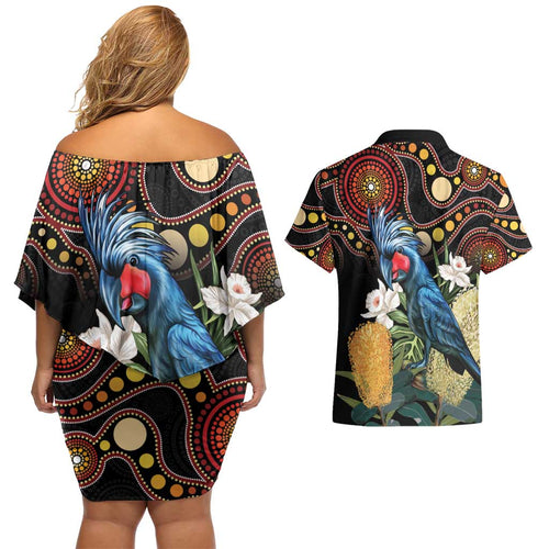 Australia Palm Cockatoo Couples Matching Off Shoulder Short Dress and Hawaiian Shirt Aussie Banksia - Aboriginal Pattern