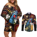 Australia Palm Cockatoo Couples Matching Off Shoulder Short Dress and Long Sleeve Button Shirt Aussie Banksia - Aboriginal Pattern
