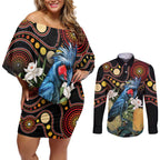 Australia Palm Cockatoo Couples Matching Off Shoulder Short Dress and Long Sleeve Button Shirt Aussie Banksia - Aboriginal Pattern