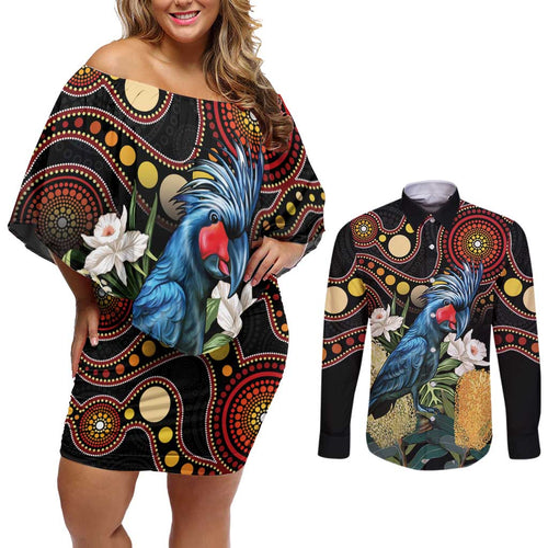 Australia Palm Cockatoo Couples Matching Off Shoulder Short Dress and Long Sleeve Button Shirt Aussie Banksia - Aboriginal Pattern