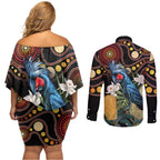 Australia Palm Cockatoo Couples Matching Off Shoulder Short Dress and Long Sleeve Button Shirt Aussie Banksia - Aboriginal Pattern