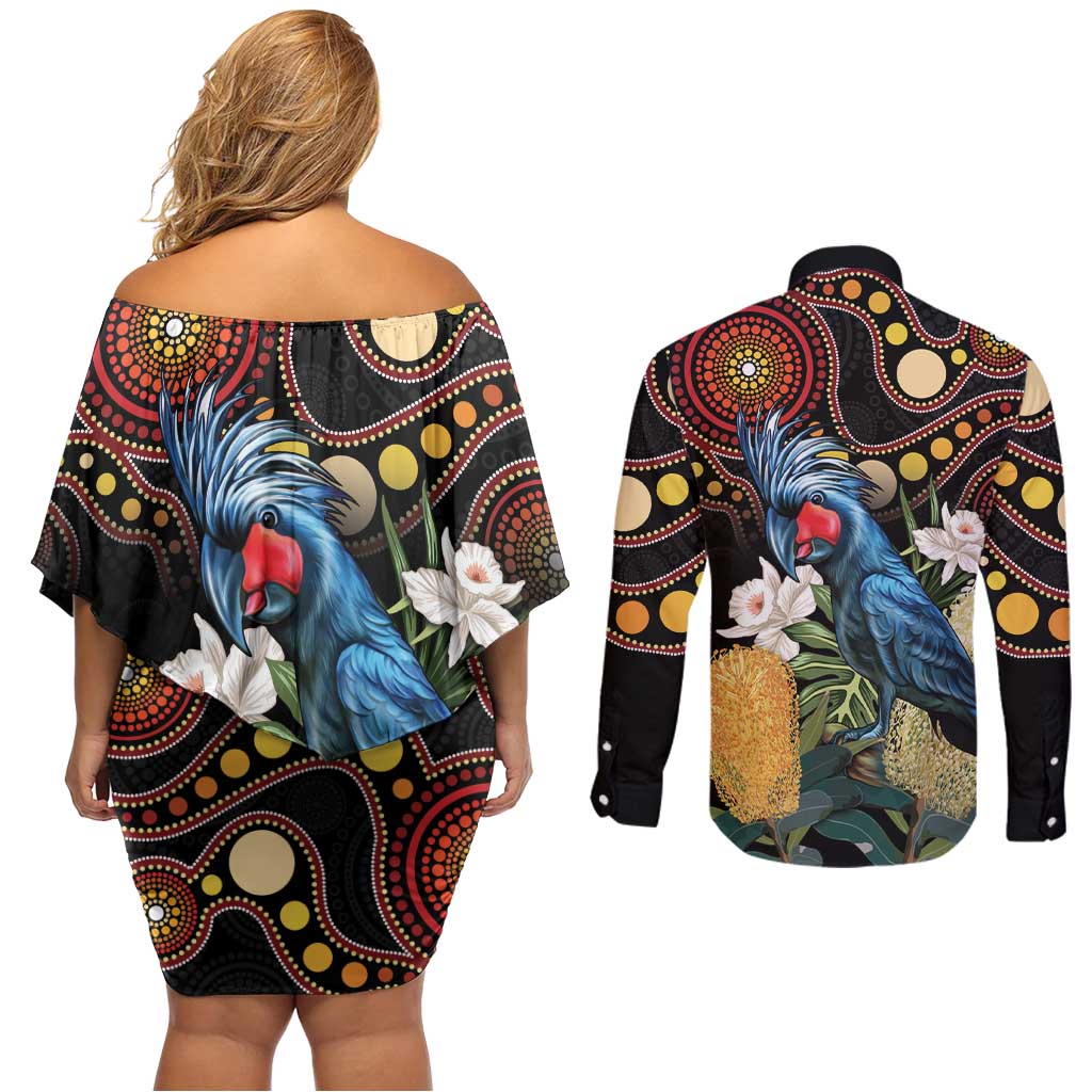 Australia Palm Cockatoo Couples Matching Off Shoulder Short Dress and Long Sleeve Button Shirt Aussie Banksia - Aboriginal Pattern