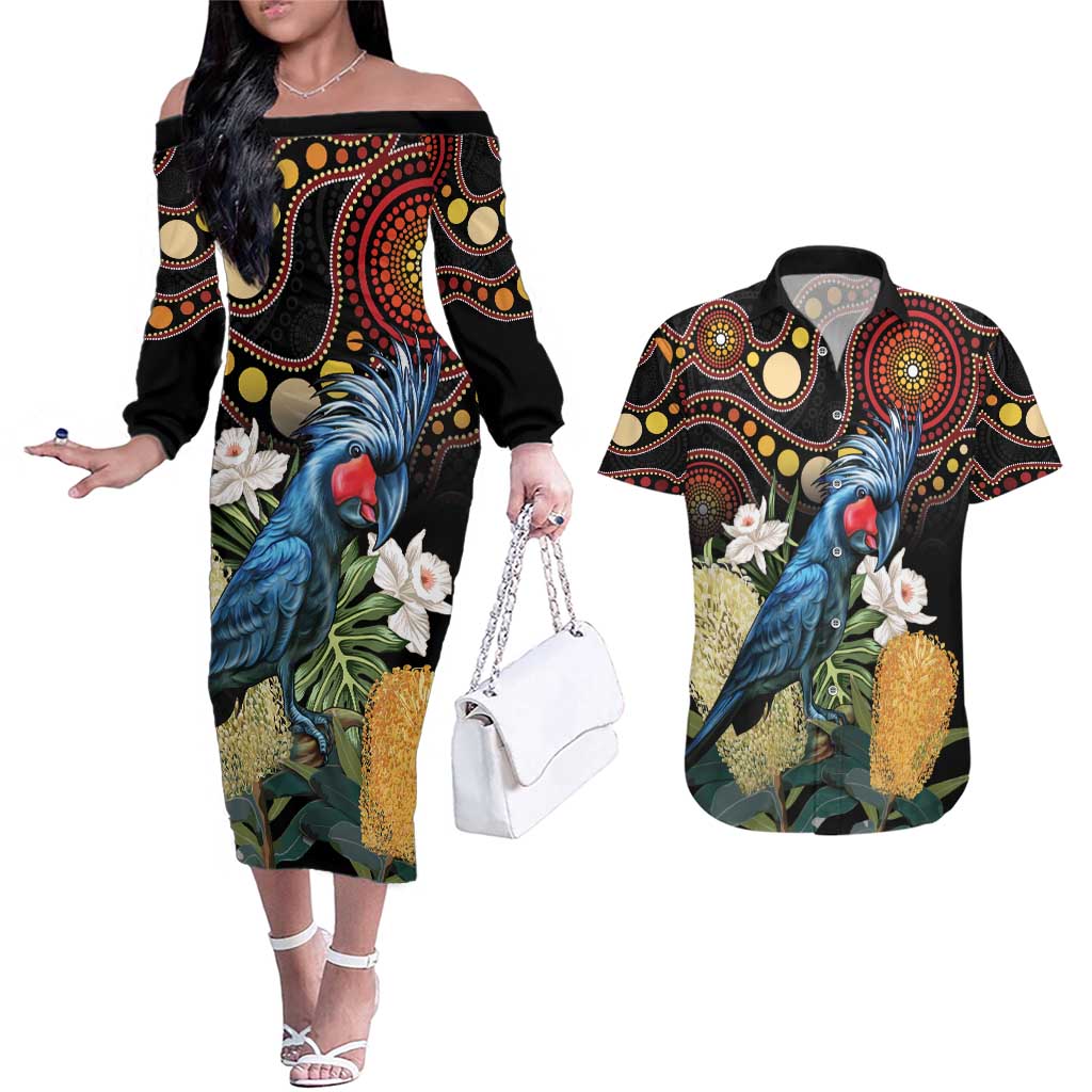 Australia Palm Cockatoo Couples Matching Off The Shoulder Long Sleeve Dress and Hawaiian Shirt Aussie Banksia - Aboriginal Pattern