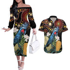 Australia Palm Cockatoo Couples Matching Off The Shoulder Long Sleeve Dress and Hawaiian Shirt Aussie Banksia - Aboriginal Pattern