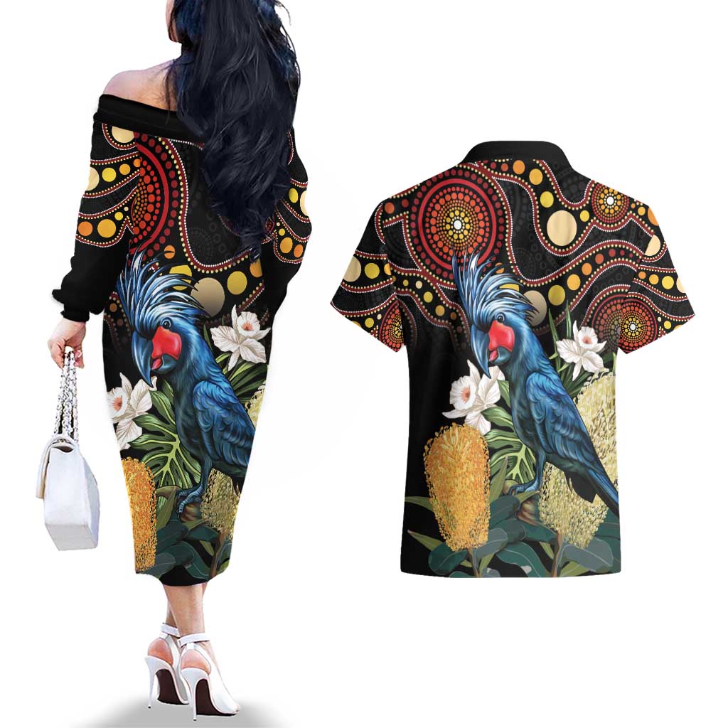 Australia Palm Cockatoo Couples Matching Off The Shoulder Long Sleeve Dress and Hawaiian Shirt Aussie Banksia - Aboriginal Pattern