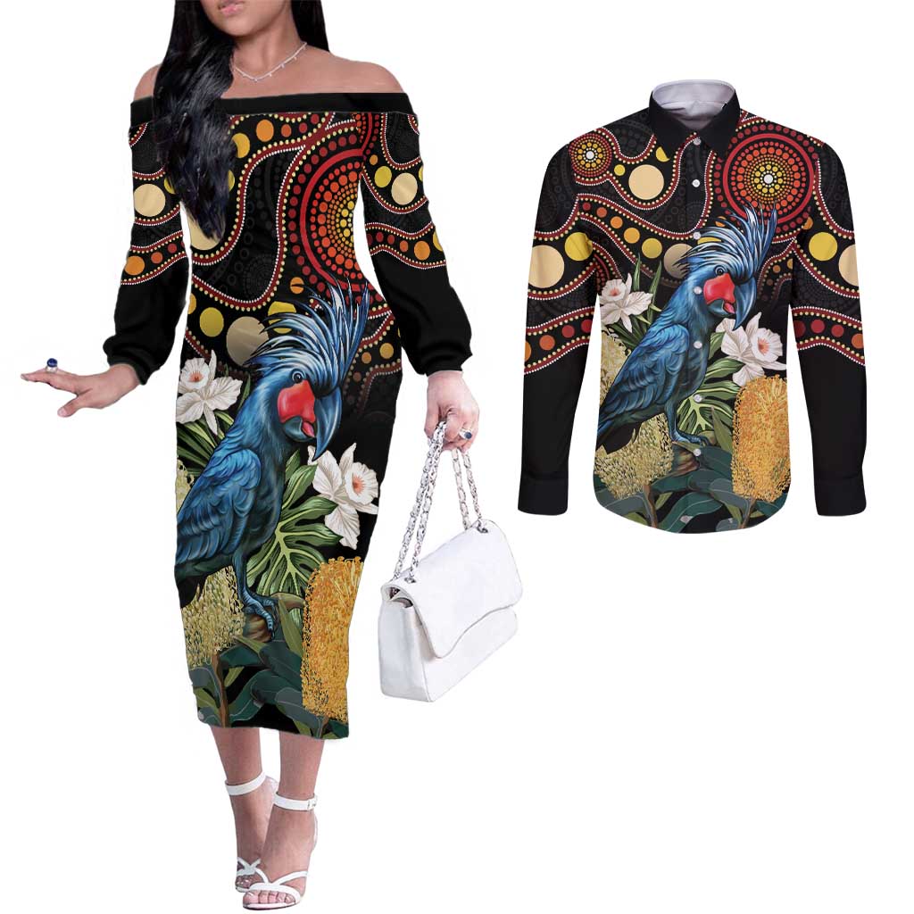 Australia Palm Cockatoo Couples Matching Off The Shoulder Long Sleeve Dress and Long Sleeve Button Shirt Aussie Banksia - Aboriginal Pattern