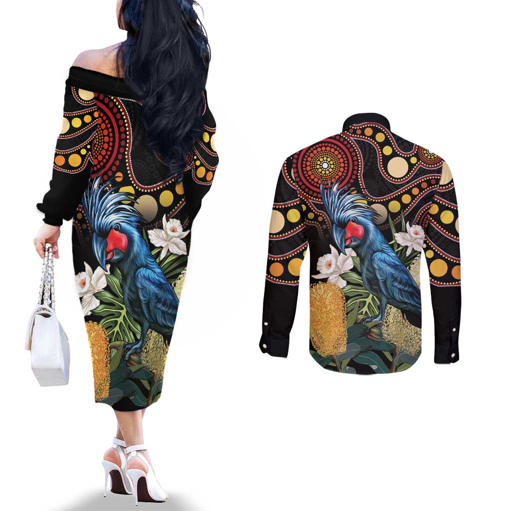 Australia Palm Cockatoo Couples Matching Off The Shoulder Long Sleeve Dress and Long Sleeve Button Shirt Aussie Banksia - Aboriginal Pattern