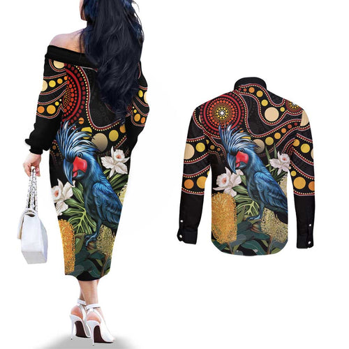 Australia Palm Cockatoo Couples Matching Off The Shoulder Long Sleeve Dress and Long Sleeve Button Shirt Aussie Banksia - Aboriginal Pattern