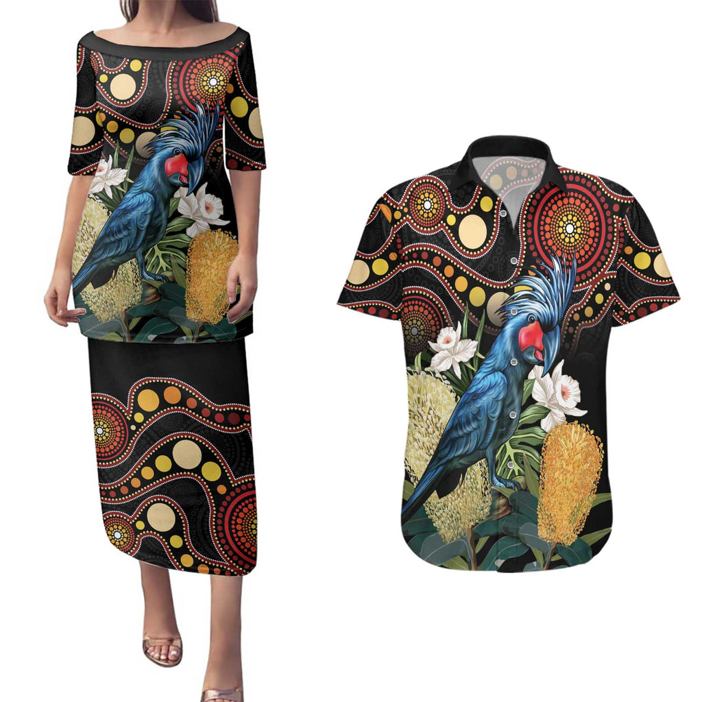 Australia Palm Cockatoo Couples Matching Puletasi and Hawaiian Shirt Aussie Banksia - Aboriginal Pattern