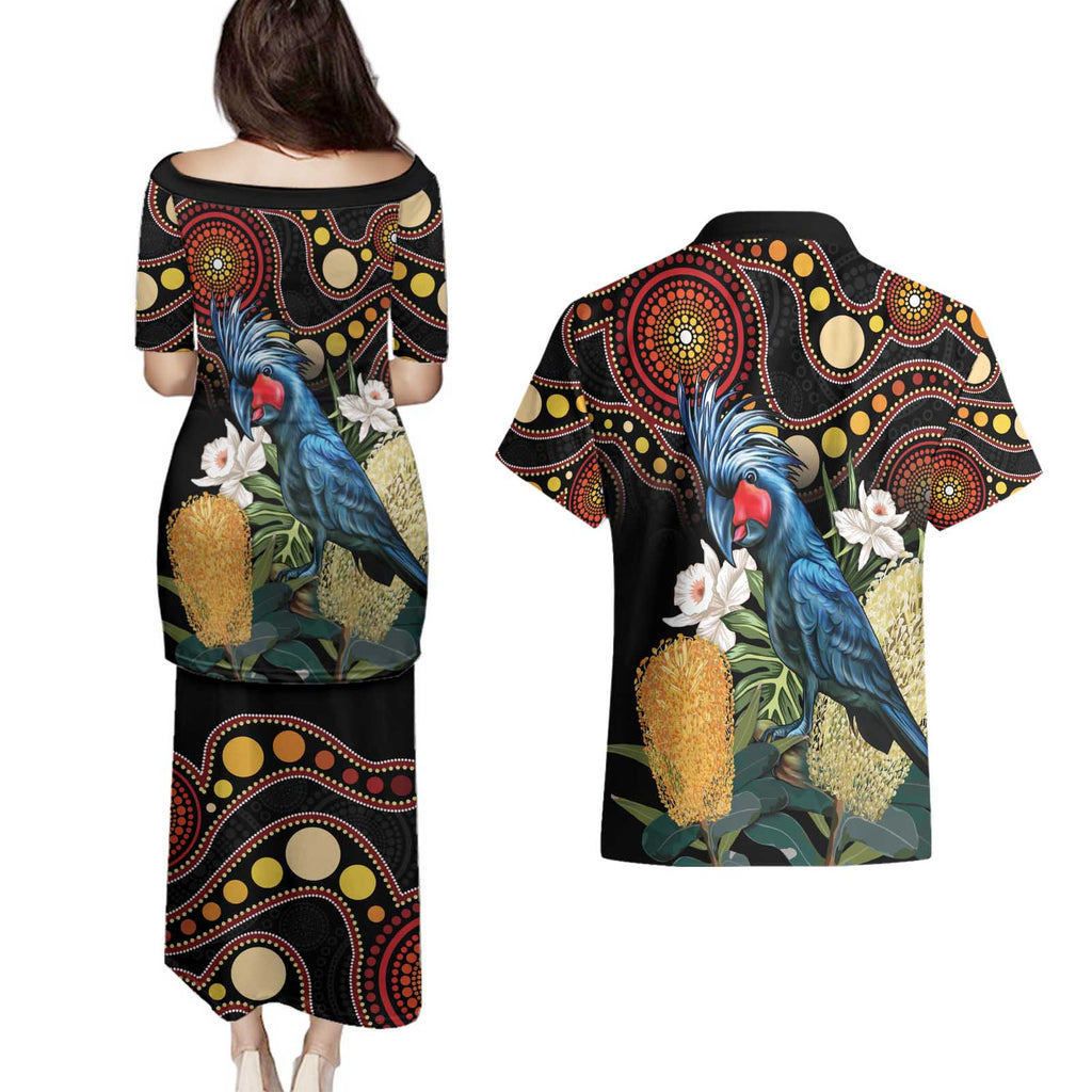 Australia Palm Cockatoo Couples Matching Puletasi and Hawaiian Shirt Aussie Banksia - Aboriginal Pattern