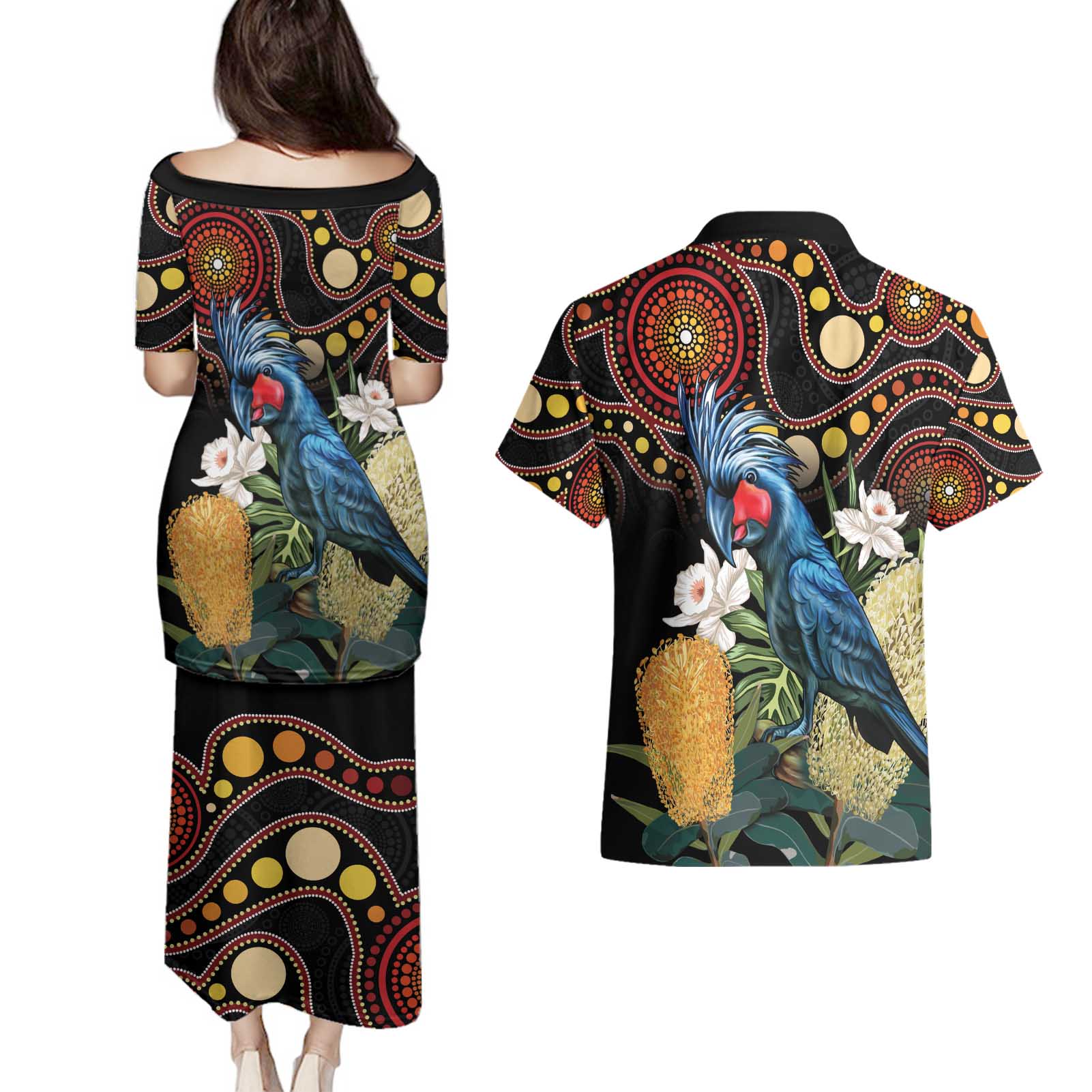 Australia Palm Cockatoo Couples Matching Puletasi and Hawaiian Shirt Aussie Banksia - Aboriginal Pattern
