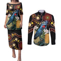 Australia Palm Cockatoo Couples Matching Puletasi and Long Sleeve Button Shirt Aussie Banksia - Aboriginal Pattern
