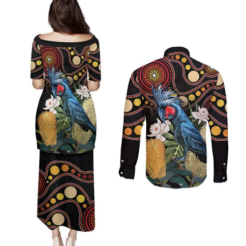 Australia Palm Cockatoo Couples Matching Puletasi and Long Sleeve Button Shirt Aussie Banksia - Aboriginal Pattern
