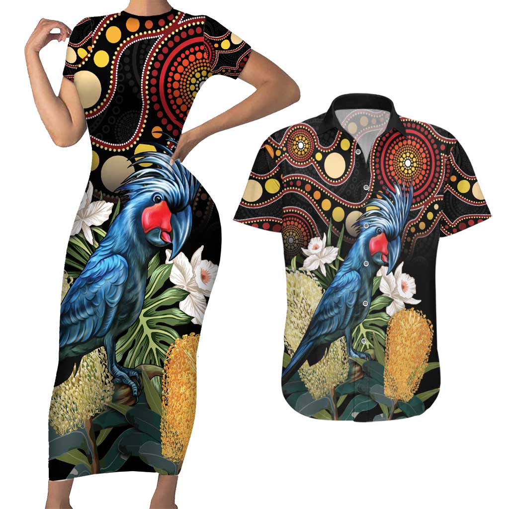 Australia Palm Cockatoo Couples Matching Short Sleeve Bodycon Dress and Hawaiian Shirt Aussie Banksia - Aboriginal Pattern
