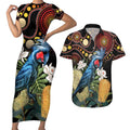 Australia Palm Cockatoo Couples Matching Short Sleeve Bodycon Dress and Hawaiian Shirt Aussie Banksia - Aboriginal Pattern