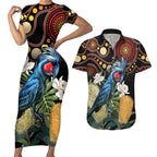 Australia Palm Cockatoo Couples Matching Short Sleeve Bodycon Dress and Hawaiian Shirt Aussie Banksia - Aboriginal Pattern