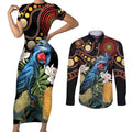 Australia Palm Cockatoo Couples Matching Short Sleeve Bodycon Dress and Long Sleeve Button Shirt Aussie Banksia - Aboriginal Pattern
