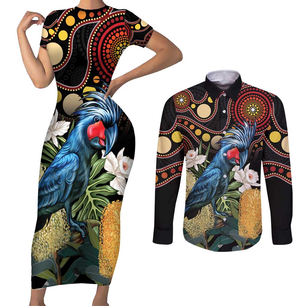 Australia Palm Cockatoo Couples Matching Short Sleeve Bodycon Dress and Long Sleeve Button Shirt Aussie Banksia - Aboriginal Pattern