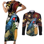 Australia Palm Cockatoo Couples Matching Short Sleeve Bodycon Dress and Long Sleeve Button Shirt Aussie Banksia - Aboriginal Pattern