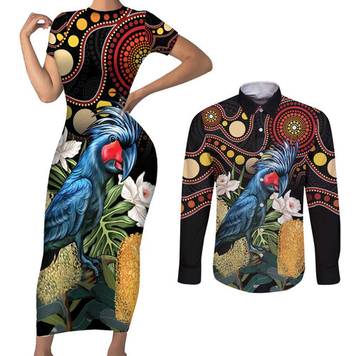 Australia Palm Cockatoo Couples Matching Short Sleeve Bodycon Dress and Long Sleeve Button Shirt Aussie Banksia - Aboriginal Pattern