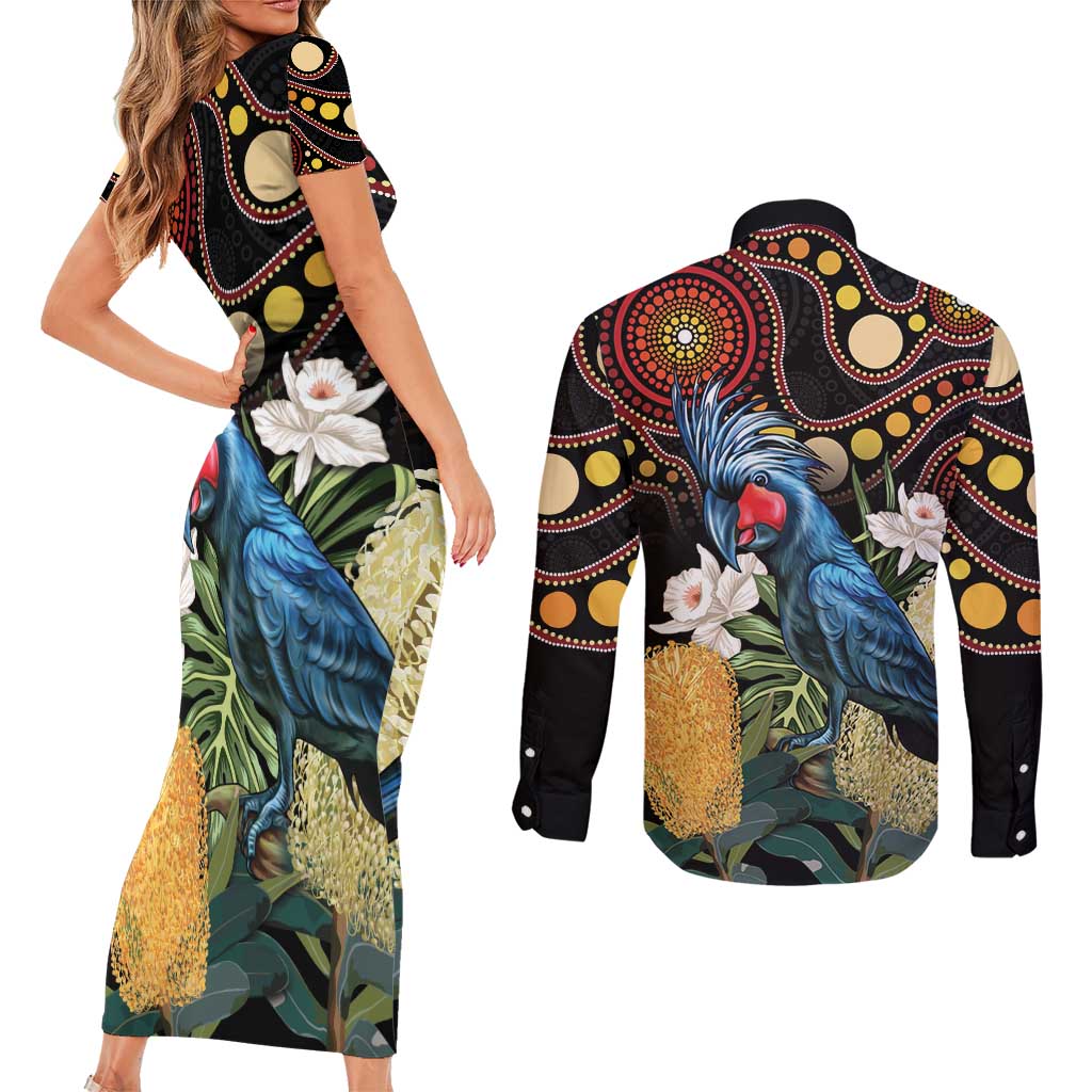 Australia Palm Cockatoo Couples Matching Short Sleeve Bodycon Dress and Long Sleeve Button Shirt Aussie Banksia - Aboriginal Pattern