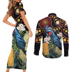 Australia Palm Cockatoo Couples Matching Short Sleeve Bodycon Dress and Long Sleeve Button Shirt Aussie Banksia - Aboriginal Pattern