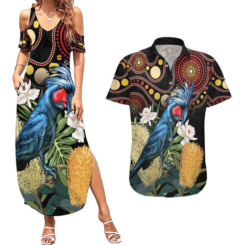 Australia Palm Cockatoo Couples Matching Summer Maxi Dress and Hawaiian Shirt Aussie Banksia - Aboriginal Pattern