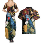 Australia Palm Cockatoo Couples Matching Summer Maxi Dress and Hawaiian Shirt Aussie Banksia - Aboriginal Pattern