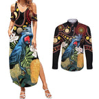 Australia Palm Cockatoo Couples Matching Summer Maxi Dress and Long Sleeve Button Shirt Aussie Banksia - Aboriginal Pattern