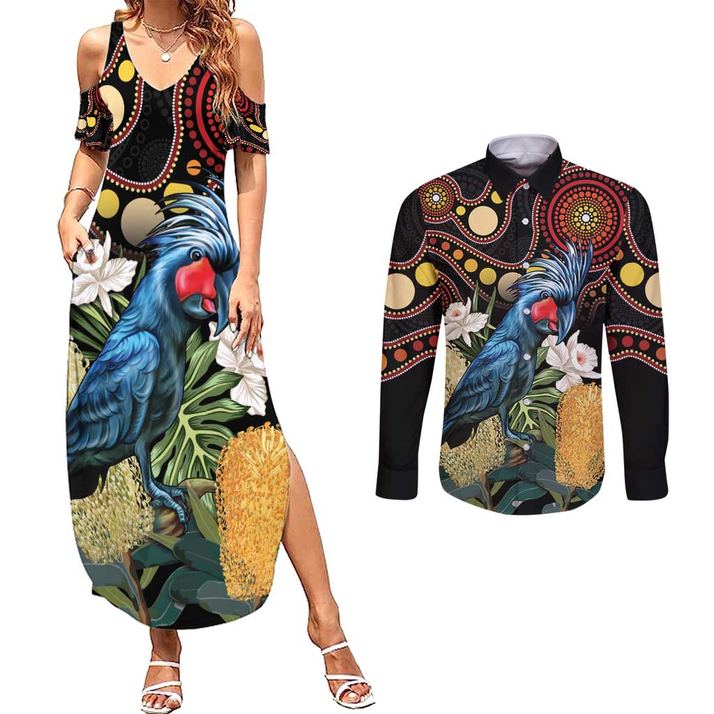 Australia Palm Cockatoo Couples Matching Summer Maxi Dress and Long Sleeve Button Shirt Aussie Banksia - Aboriginal Pattern