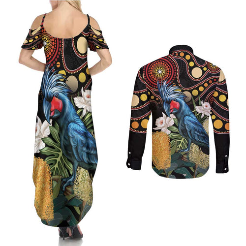 Australia Palm Cockatoo Couples Matching Summer Maxi Dress and Long Sleeve Button Shirt Aussie Banksia - Aboriginal Pattern