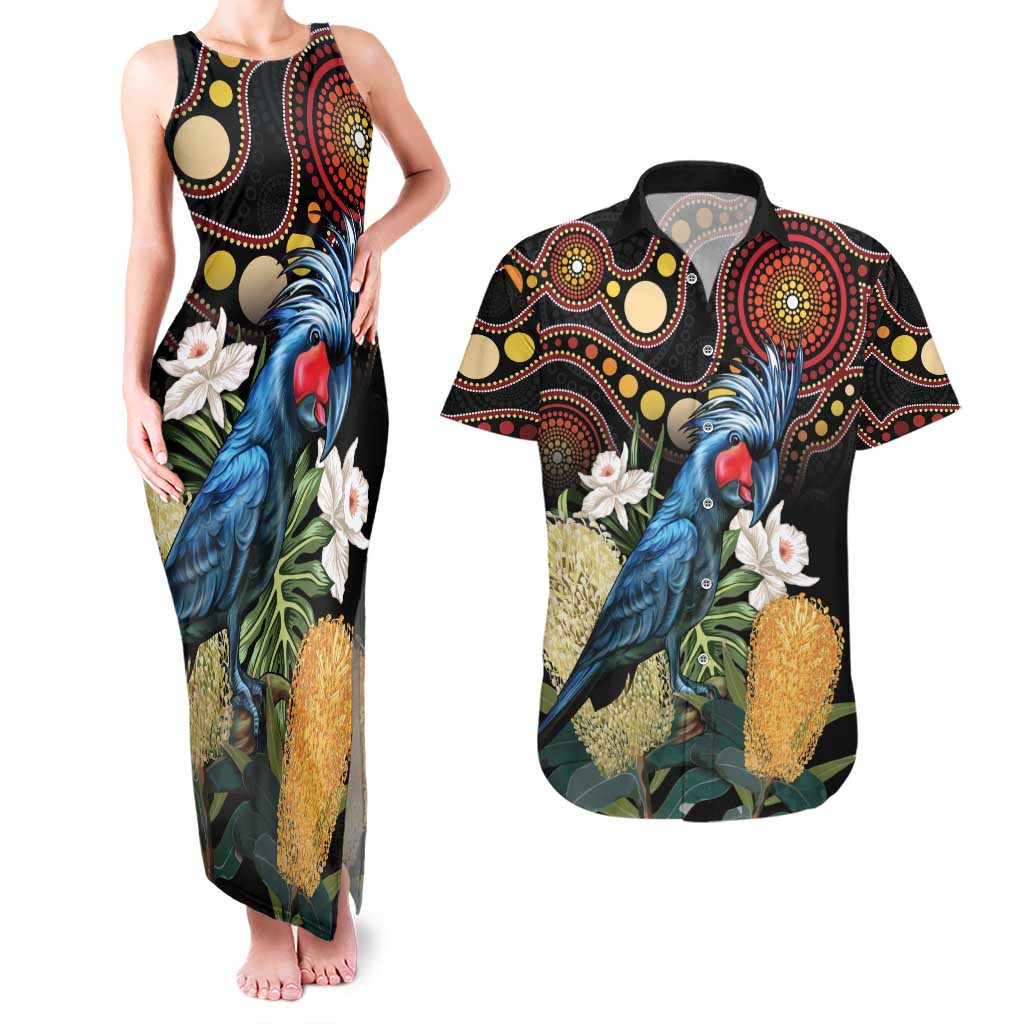 Australia Palm Cockatoo Couples Matching Tank Maxi Dress and Hawaiian Shirt Aussie Banksia - Aboriginal Pattern