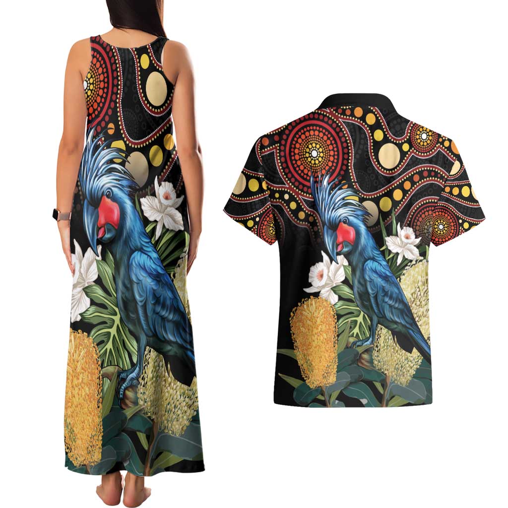 Australia Palm Cockatoo Couples Matching Tank Maxi Dress and Hawaiian Shirt Aussie Banksia - Aboriginal Pattern