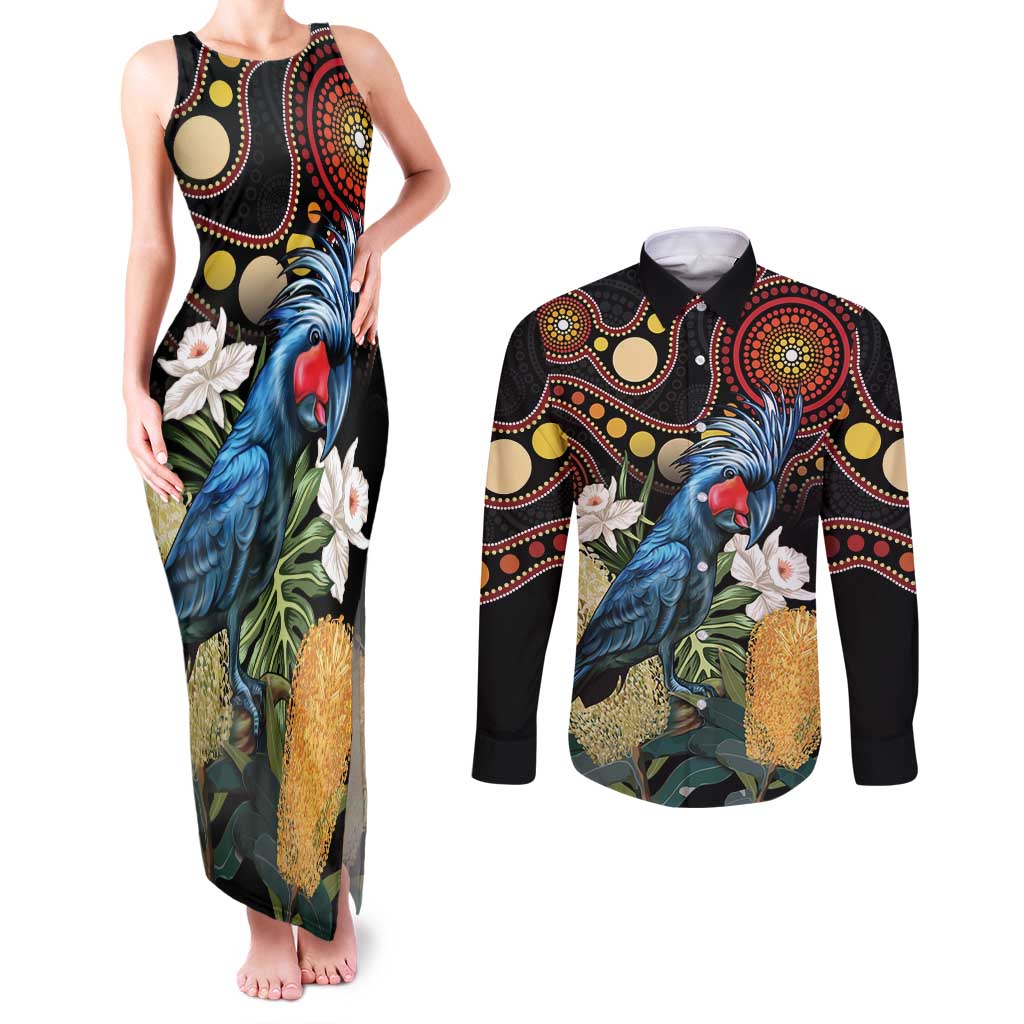 Australia Palm Cockatoo Couples Matching Tank Maxi Dress and Long Sleeve Button Shirt Aussie Banksia - Aboriginal Pattern