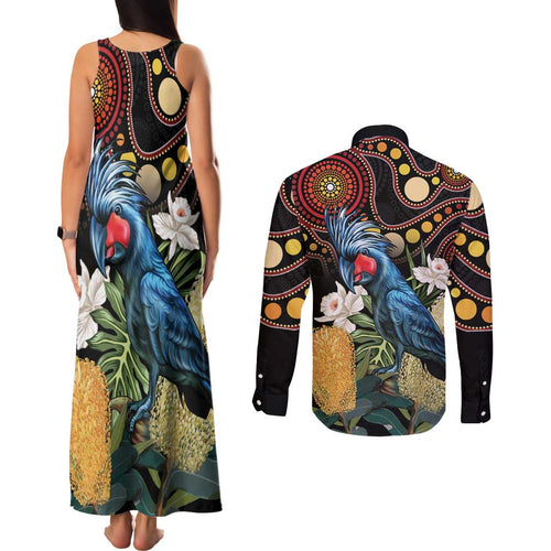 Australia Palm Cockatoo Couples Matching Tank Maxi Dress and Long Sleeve Button Shirt Aussie Banksia - Aboriginal Pattern