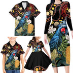 Australia Palm Cockatoo Family Matching Long Sleeve Bodycon Dress and Hawaiian Shirt Aussie Banksia - Aboriginal Pattern