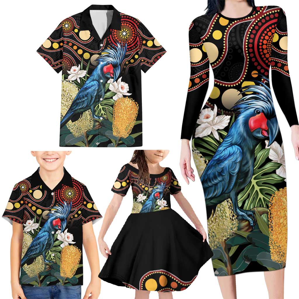 Australia Palm Cockatoo Family Matching Long Sleeve Bodycon Dress and Hawaiian Shirt Aussie Banksia - Aboriginal Pattern